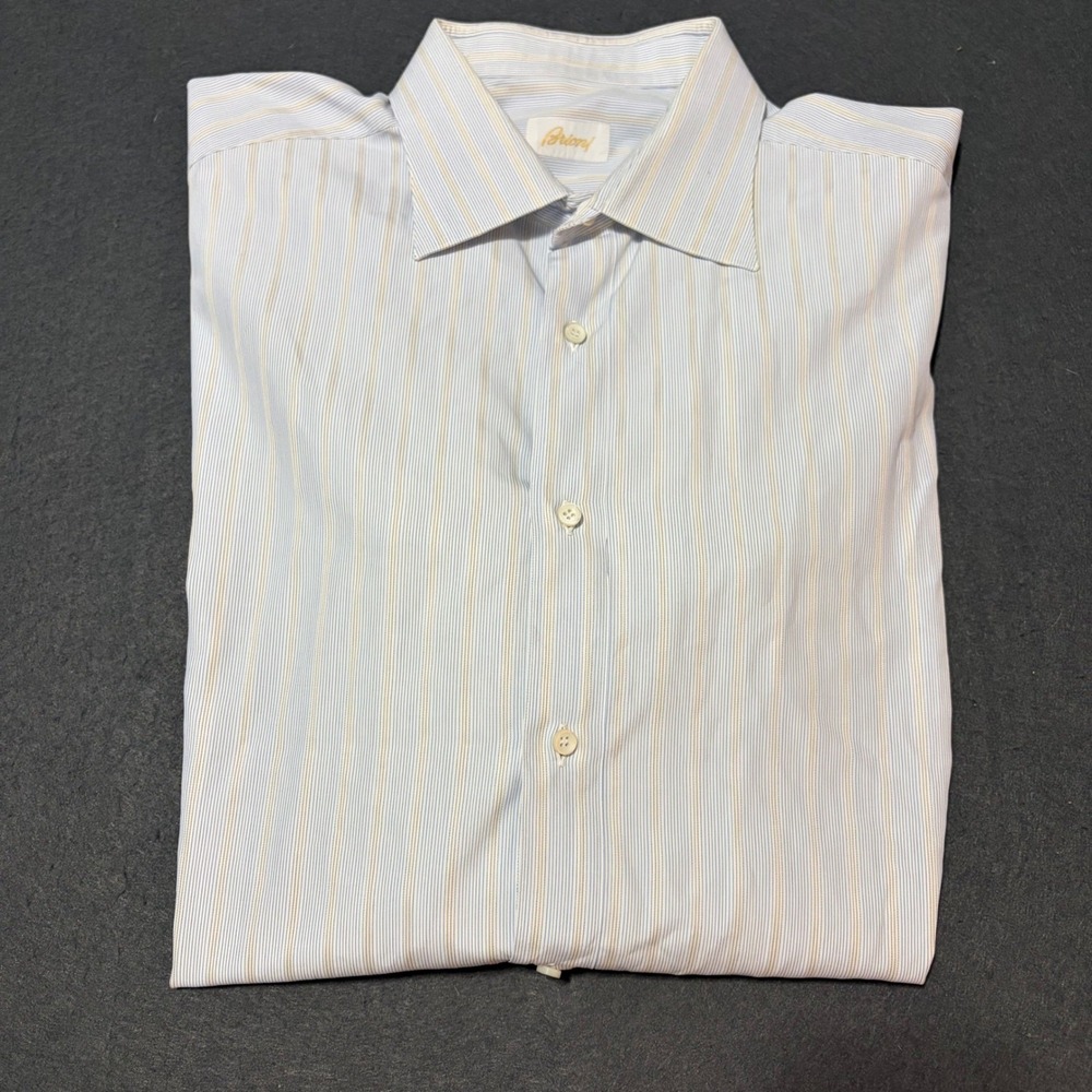 Brioni Dress Shirt Mens XL Light Blue Tan Striped Button Down Cotton